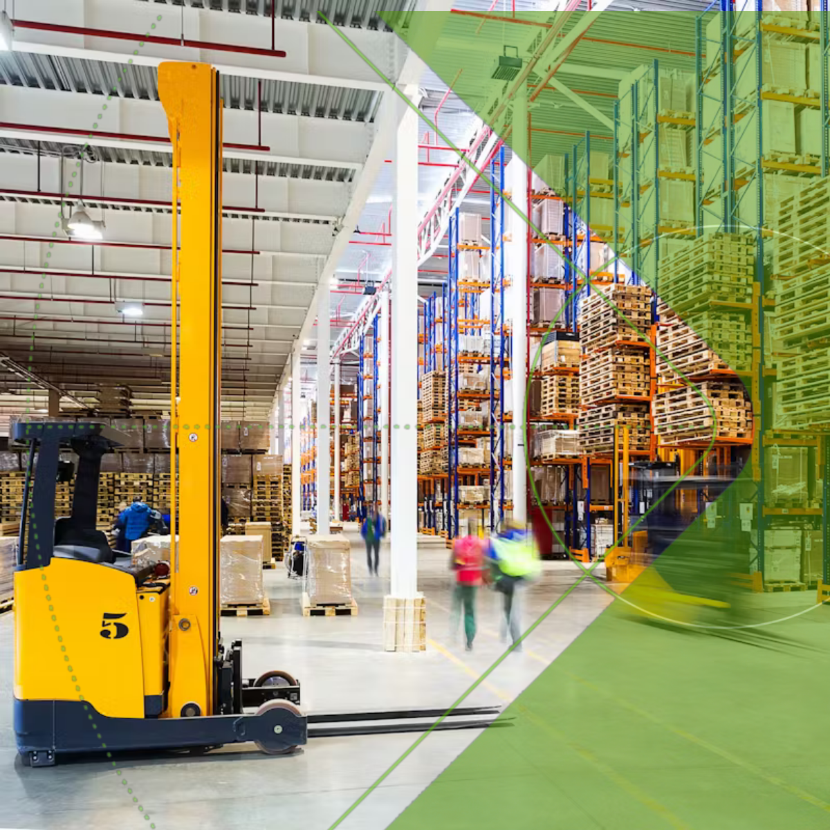Warehouse interior with forklift and pallets, featuring a yellow forklift.