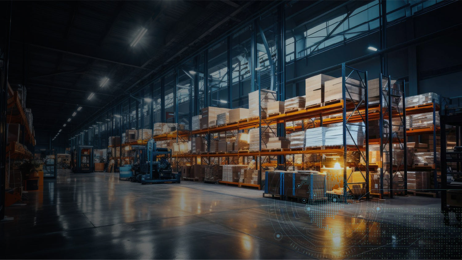 Warehouse interior with shelves and forklifts