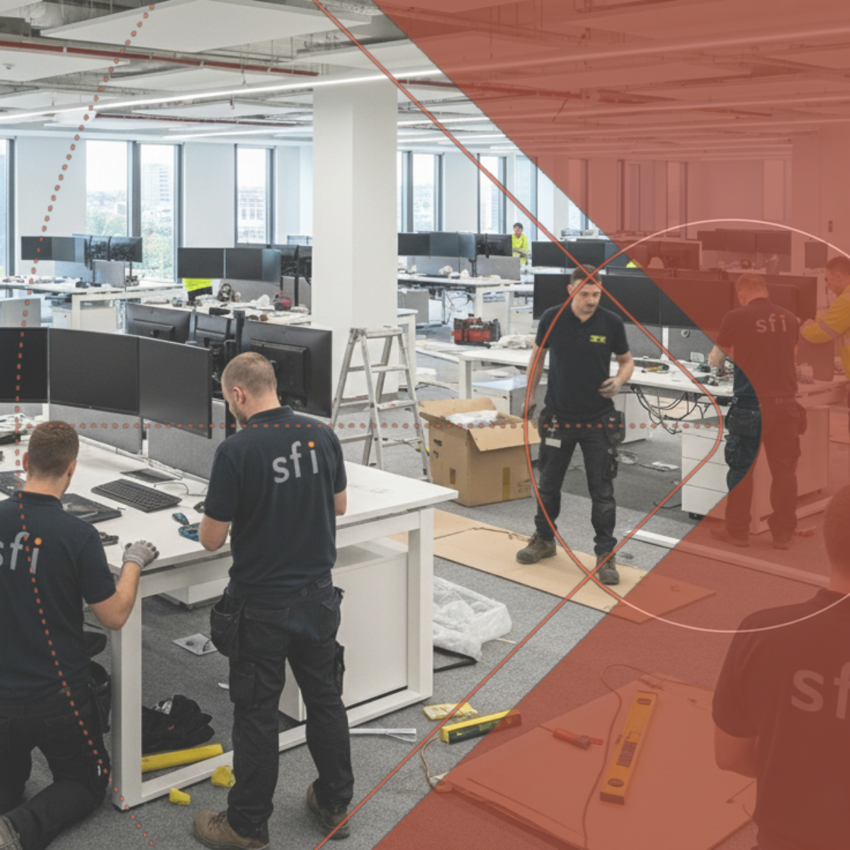 Workers in an office setting with 'sfi' branding on their uniforms.